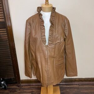 Neiman Marcus Exclusive Brown Genuine Leather Ruffle Collar Jacket Plus 1X